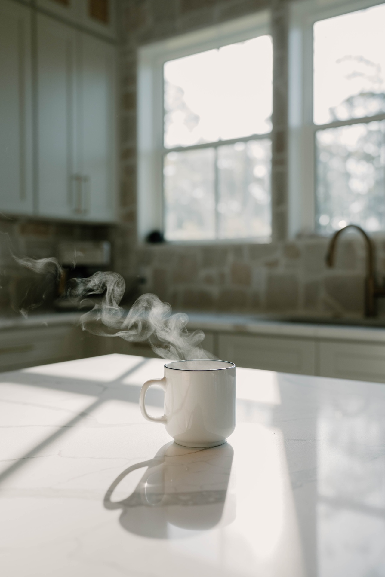 Steaming morning coffee on the kitchen island