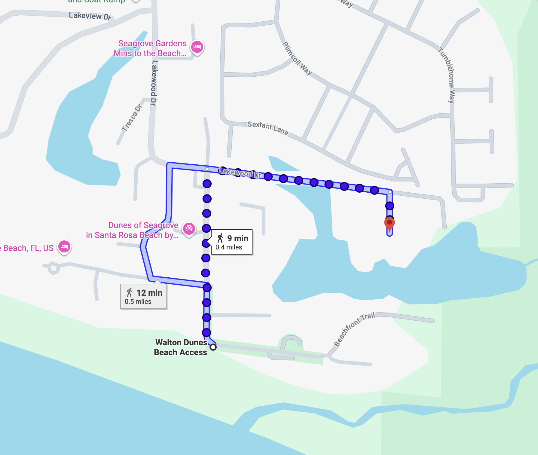 Walking route from Piney Shores to Walton Dunes Beach Access — 9 minutes, 0.4 miles