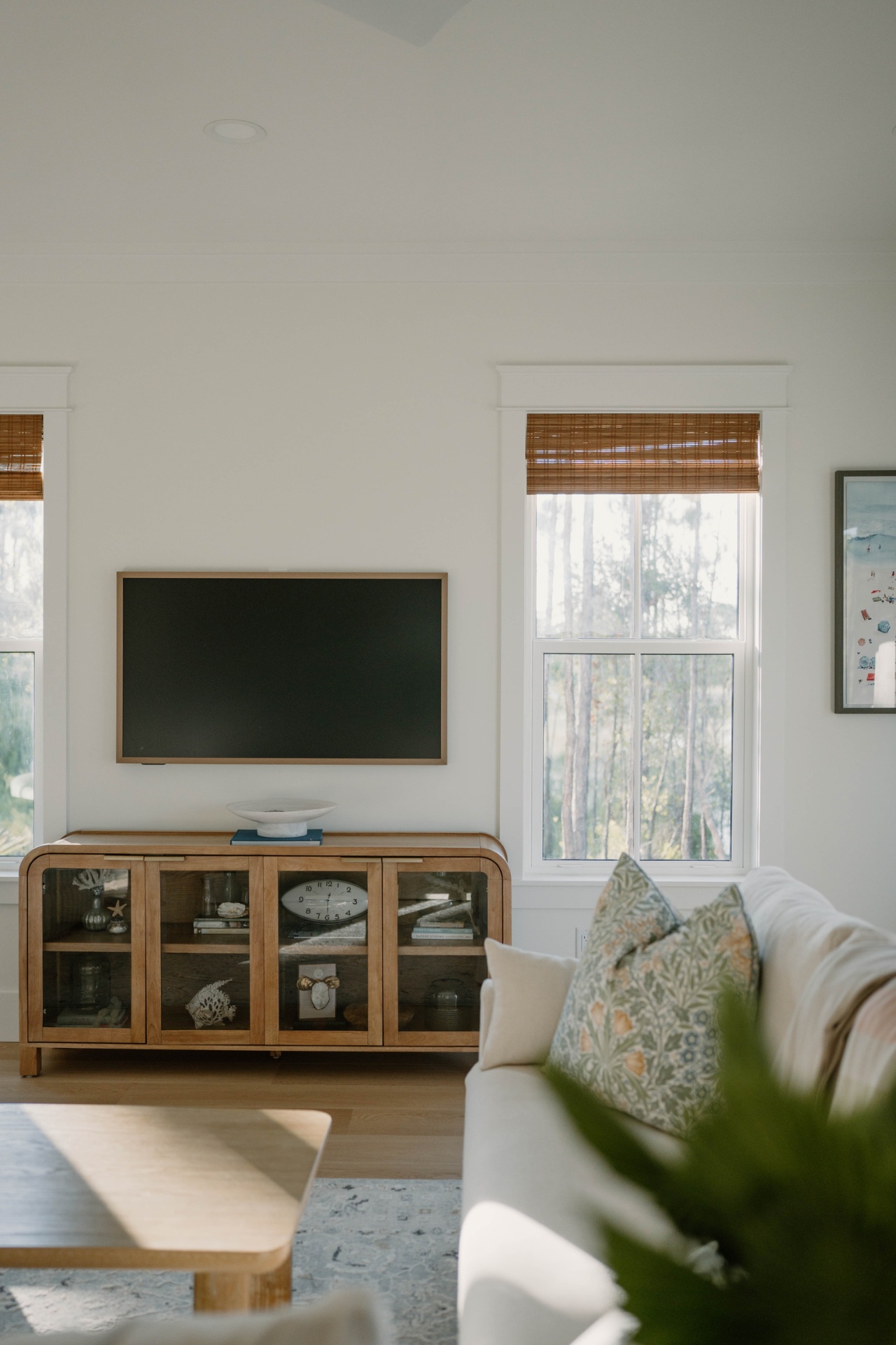 Living room with media console and sofa