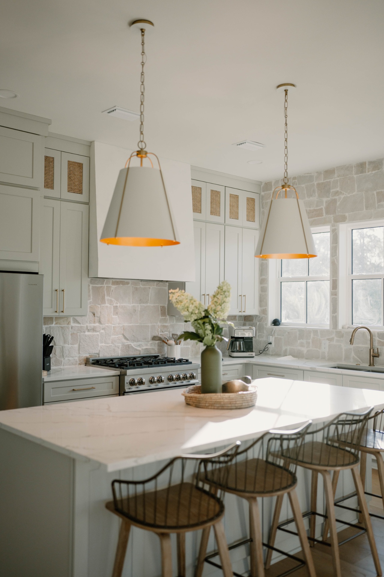 Kitchen pendant lights and gas range